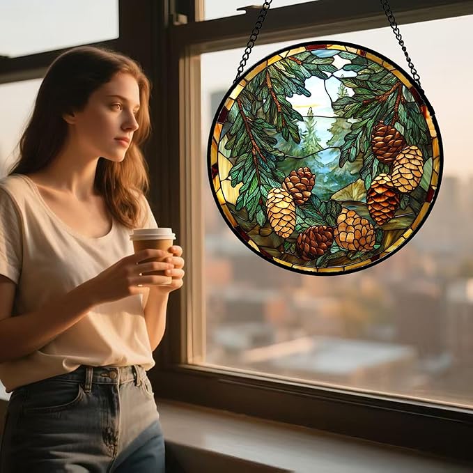 QZQCBLC Stained Glass Window Hanging Forest Pine Cone Landscape 9.8" - Green Suncatcher Door Terrace Garden Sun Catcher Home Decor Birthday Christmas for Mom Men Woman Wife