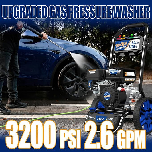TOOLCY Gas Powered Pressure Washer, 3200 PSI and 2.6 Max GPM, 35FT Extended Power Hose, Kink-Less Swivel Gun with & 5 Nozzles, Reinforced Pump, for Cars/Fences/Driveways/Homes/Patios
