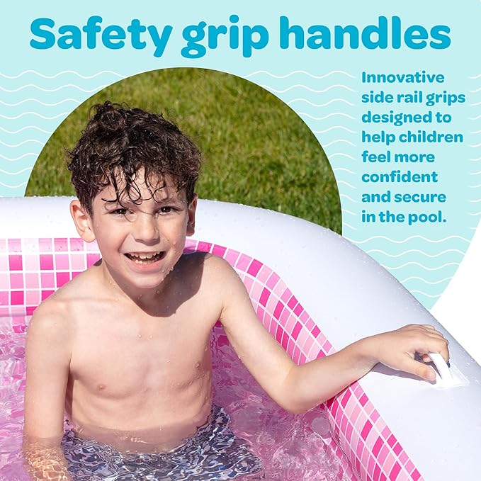 Inflatable for Kids and Adults 90"x60" (7.5'x5') with Soft Padded Floor, Handles and Drain, Kiddie Swimming Pool, Big Blow Up Backyard Pool for Ages 3+, Playful - Pink
