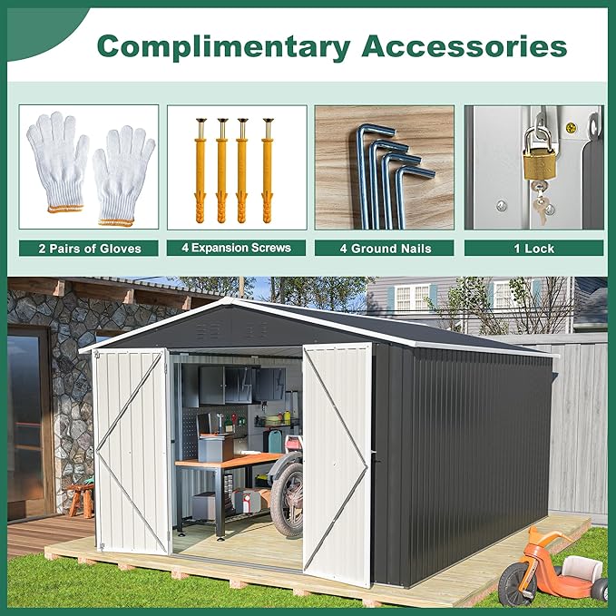 Favfurish Outdoor Storage Shed 10×12 FT,Metal Waterproof Tool Sheds with Lock and Key,Heavy-Duty Sheds Unit W/Doors and Vents,Galvanized Steel Garden House for Storing Bicycles,Barbeques,Black