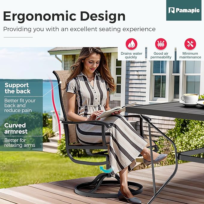 Pamapic 7-Piece Outdoor Dining Set, Patio Dining Set for 6, All-Weather Outdoor Patio Set with 2 Textilene Swivel Chairs & 4 Regular Chairs for Garden, Poolside, Deck，Beige