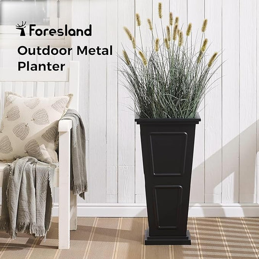 26" Tall Metallic Planter Set of 2, Black Taper Planters with Removable Partition Drainage Holes, Large Outdoor Planter for Front Porch, Garden, Patio, Balcony, Classic Estate Design, All-Weather Use
