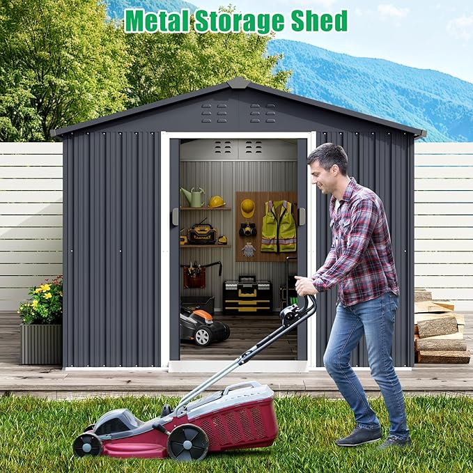 8X12 FT Metal Outdoor Storage Shed, Large Galvanized Steel Garden Tool Shed with Lockable Double Doors & Ventilation - Weatherproof Shelter for Bicycles, Lawn Mowers, Tools in Backyard