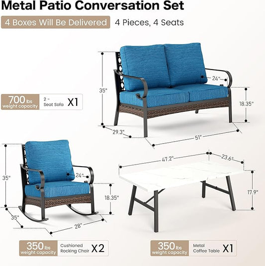 4 Piece Metal Outdoor Patio Furniture Sets, Patio Conversation Sets 1 Loveseat, 2 Rocking Sofa with 5.75" Extra Thick Cushion and Coffee Table, Balck Frame Backyard Furniture, Blue-2