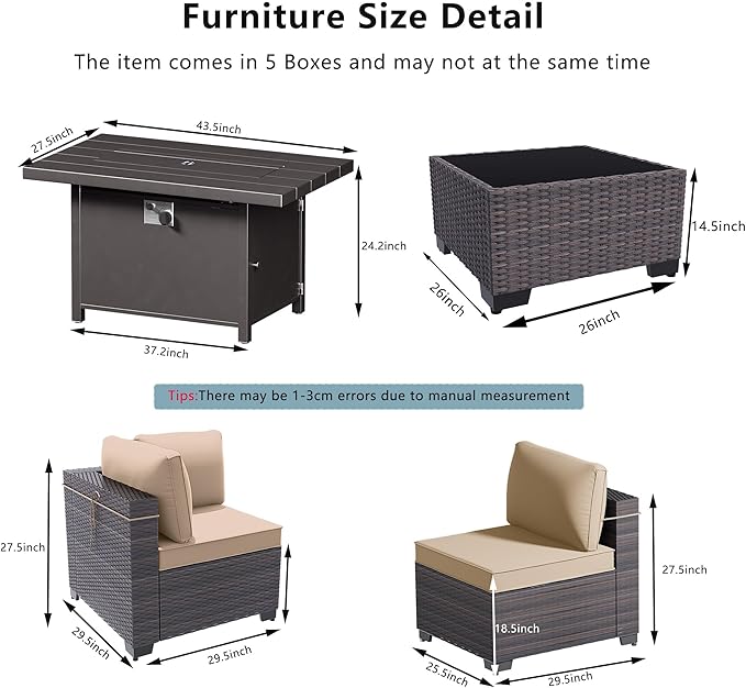 Outdoor Terrace Furniture Set, 8 Piece Outdoor Furniture Set, with 43 inch Aluminum 55001 BTU Propane fire Pit, PE Willow Vine Terrace Dialogue Set - Brown.
