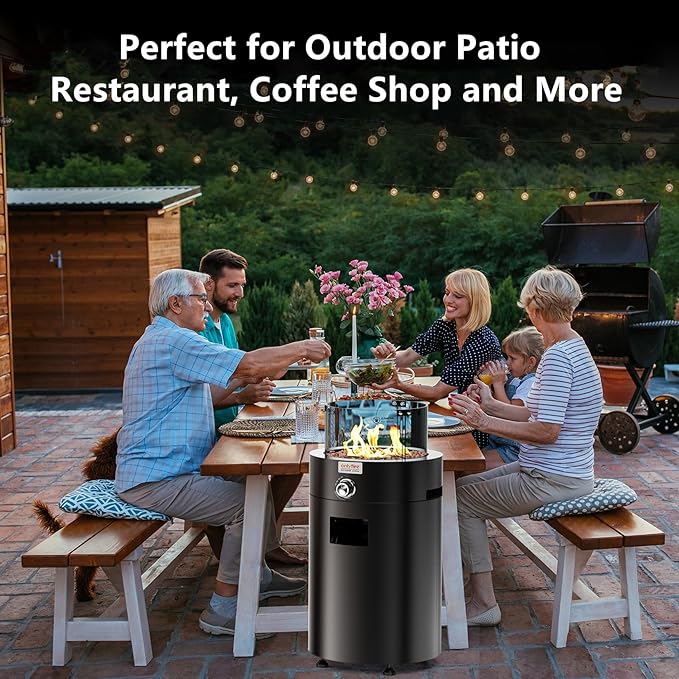 ONLYFIRE OUTDOOR LIVING Detachable Gas Fire Pit with Lava Rocks, Glass Shield & Wheels, Smokeless Propane Fireplace with Hose for Patio Backyard Camping RV Tailgating Restaurant Beach, Round, #FP034