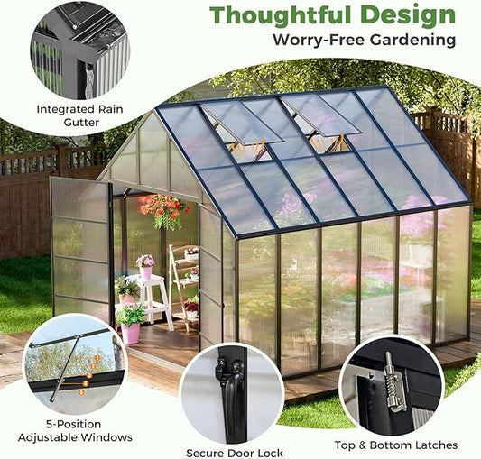 12x10x10 FT Outdoor Greenhouse, Easy Assembly Large Aluminum Polycarbonate Kit, 2 Vent Windows, Swing Door, Walk-in, for Outside, Sunroom, Backyard, Garden