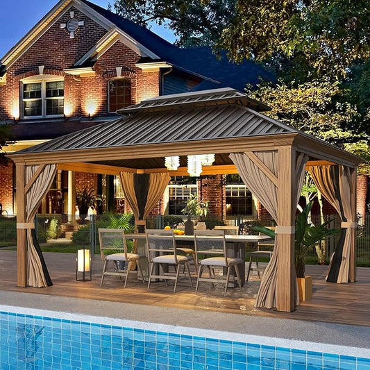 EROMMY 12x14 Gazebo, Wooden Finish Frame Gazebos with Galvanized Steel Roof for Patio & Backyard
