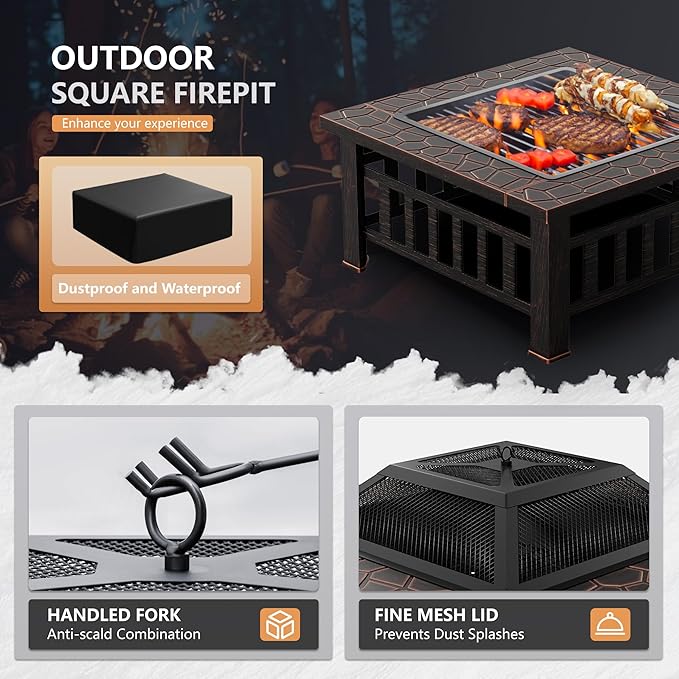Greesum Multifunctional Patio Fire Pit Table, 32in Square Metal BBQ Firepit Stove Backyard Garden Fireplace with Spark Screen Lid and Rain Cover for Camping, Bonfire and Picnic, Reddish Brown