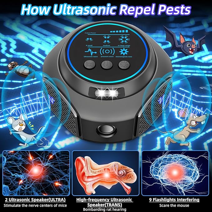 2026 New Ultrasonic Mouse Repellent Plug in Pest Repeller Indoor Control for Rodent Mouse Rat Mice Squirrel 3 IN1 Electronic Repellent Devices Covers Up to 4000 Sq.Ft for House, Kitchen, Garage, Attic