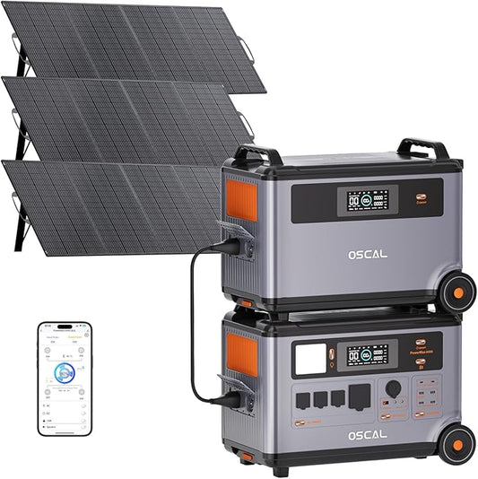OSCAL 6000W(9000W Peak) Portable Solar Power Station with 3 * 400W Solar Panels, 3600Wh LiFePO4 Battery with 3600Wh Expansion Battery Pack, 2400W Solar Charging Generator for Camping, Home, Emergency