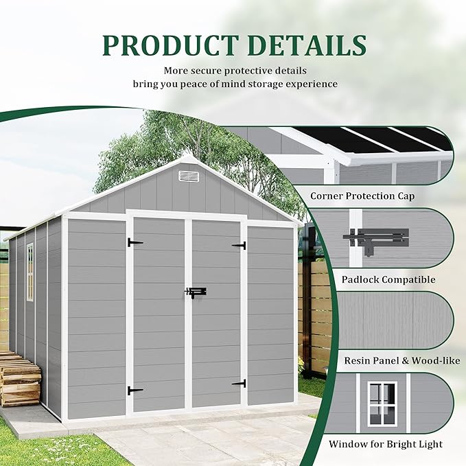 Resin Storage Shed 8x8 ft, Outdoor Storage Sheds with Floor, Window, Lockable Doors and Vents, 12mm Thick pp Board, Waterproof Garden Shed for Backyard Patio (Grey, 8 * 8ft)
