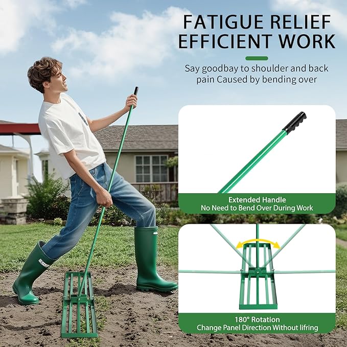 VINGLI Iron Lawn Leveling Rake 48in for Soil Sand Composs, Extended Handle, 180°Rotation Head, with All Handwares, for Yard Garden Golf Field, Green (48in)