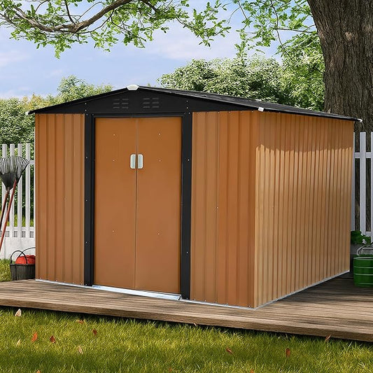 8x6 FT Outdoor Storage Shed Tool Shed Garden Shed with Lockable Door and Sloping Roof, Durable Metal Storage Shed for Backyard, Outside, Patio, Coffee