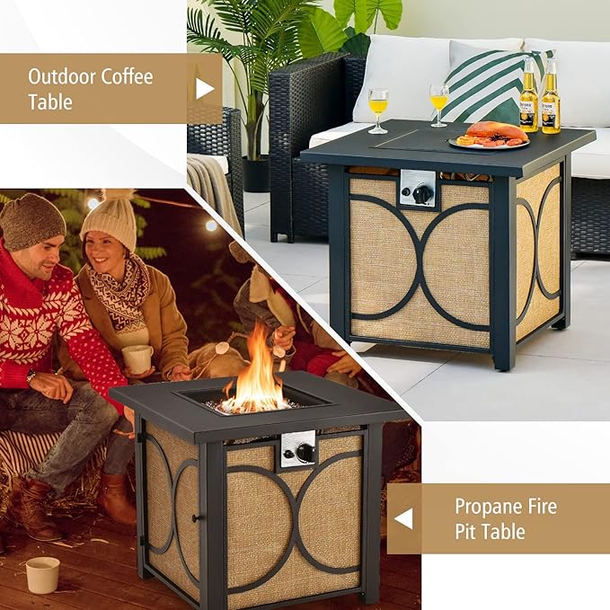 Giantex 28” Outdoor Fire Pit Table - 50,000 BTU Square Metal Fire Table with Lid, PVC Cover, Glass Stones, CSA Approved, 2-in-1 Ignition Propane Gas Fire Table for Outside Patio Garden Backyard Deck