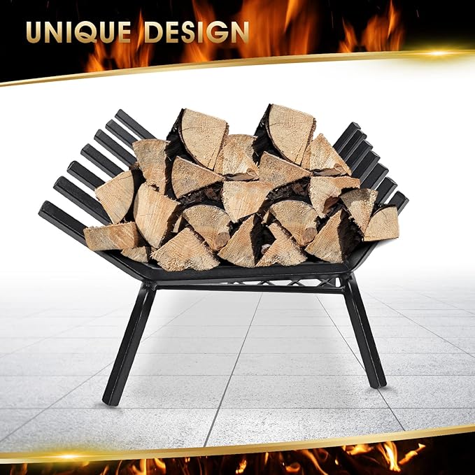 G GOOD GAIN Fireplace Grate with Ember Retainer, 24" Heavy Duty Cast Iron Indoor, Chimney Hearth Wood Stove Burning Rack Holder,1/2” Bar Fire Place Asseccories for Outdoor, Fire Pits, Camping