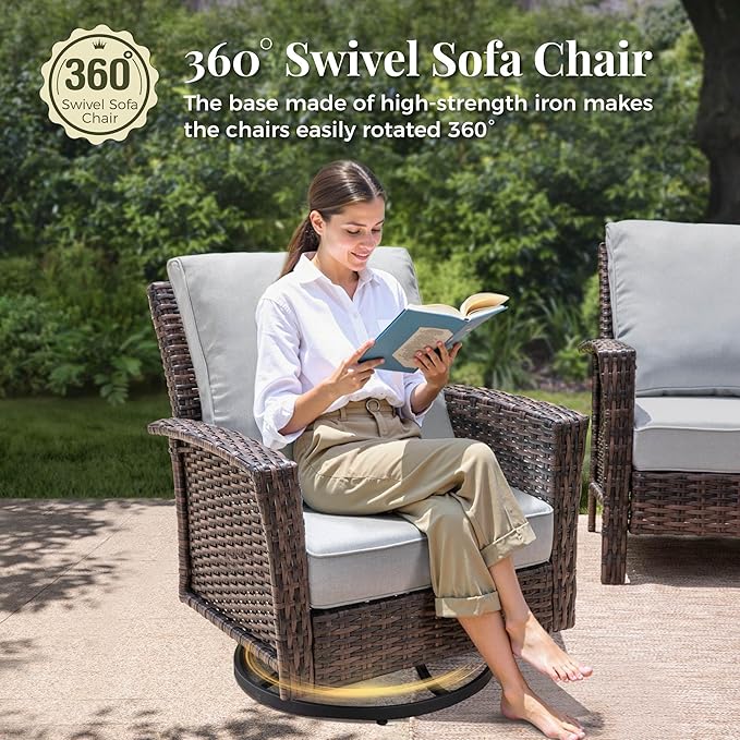 6-Piece Wicker Patio Furniture Set with Swivel Chairs, High Back Outdoor Furniture with Fire Pit Table and Ottoman, All-Weather Wicker Patio Conversation Set for Deck Yard Pool, Grey