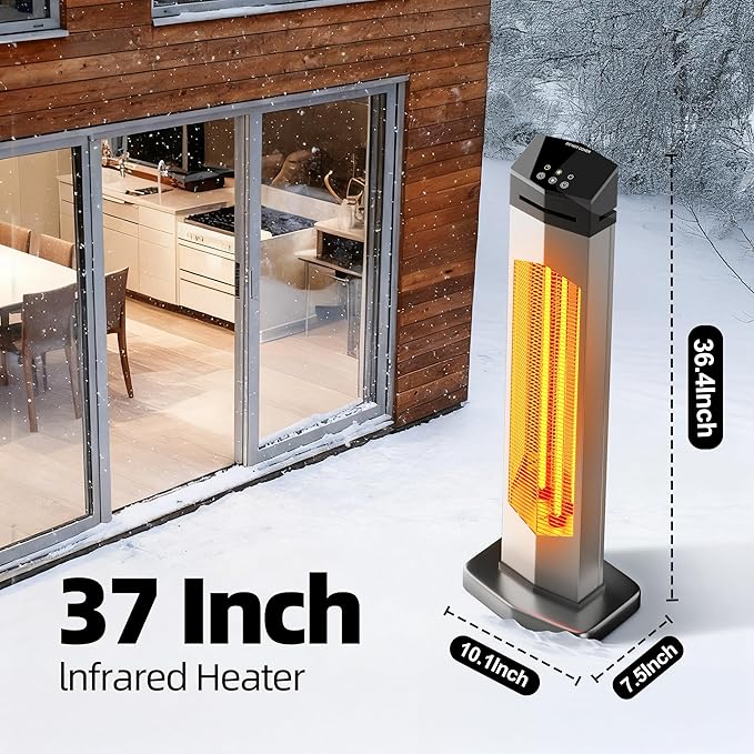 AKIRES Outdoor Electric Patio Heater,37IN 1500W Infrared Tower Heater with Instant Heating,Tip-Over & Overheat Protection,IP54 Waterproof Space Heater For Patio Garage Indoor & Outdoor Use,Silver