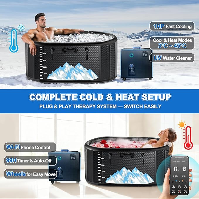Cold Plunge Tub, 248 Gallon, 1 Horsepower, Heavy-Duty Ice Bath Tub for Athletes with Hot & Cold, Portable Inflatable Plunge Chiller with Water Treatment Kit, Immersion Therapy, WiFi (Black, 1 Set)