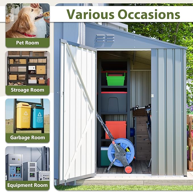 4x7 FT Metal Outdoor Storage Shed, Lean-To Garden Tool and Bike Shed with Lockable Door and Air Vents, Waterproof Sloped Roof Steel Utility Shed for Backyard, Patio,Lawn Equipment, Olive Gray