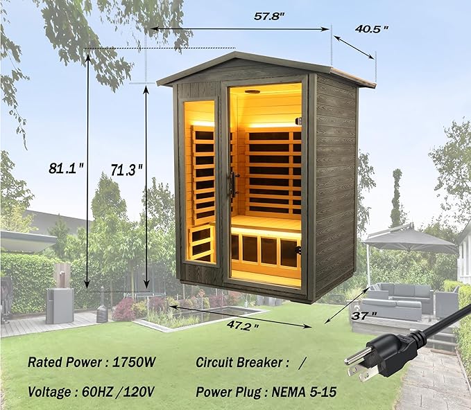 Ultra-Low EMF Outdoor Sauna 2-Person, Carbonized Composite Wood Far Infrared Sauna for Home, EMF 0.1-1mG, 6 Carbon Crystal Heaters, 360° Full Enclosure, Bluetooth & Chromotherapy (57.8*40.5*81.1 In)
