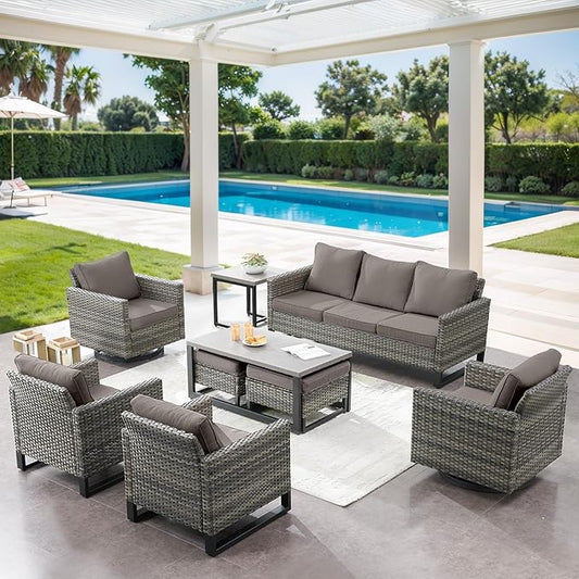 9 Piece Wicker Patio Furniture Set - Outdoor Swivel Rocker Chairs Set with Coffee Table, Rattan Chairs, 3 Seat Sofa & Ottomans, Patio Conversation Sets for Bcakyard Deck - Grey/Grey