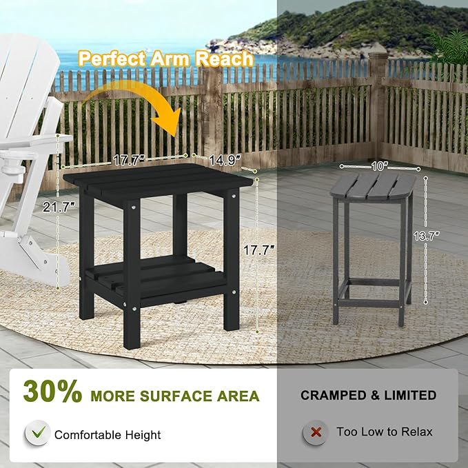 Outdoor Side Table Set of 2 - HDPE Small End Table - Patio Side Tables Square for Backyard Pool Porch Balcony - Indoor Outdoor Double Layer Storage - Black