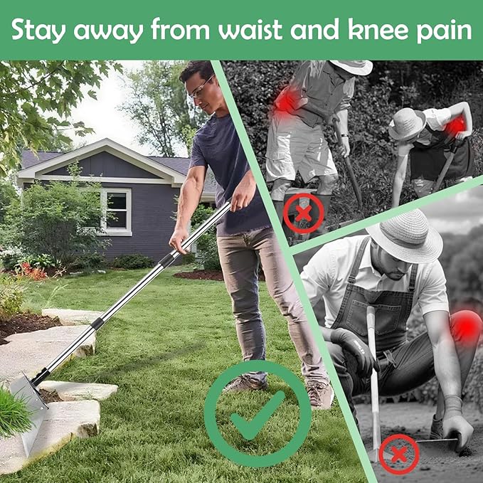 Manual Weed pullerTool,Heavy Duty 12''Flat Shovel, 14''Steel Metal Thatch Rake with Adjustable Long Handle for Leaf & Moss & Edging & Ice & Snow Removal in Lawn,Driveways, Patios, Garden Cracks