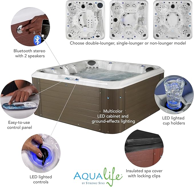 AquaLife Amplified™ 6-Person 100-Jet Acrylic Double Lounger Hot Tub with Bluetooth Stereo, LED Lighting, Insulated Cover, Stainless Steel Heater and Ozonator