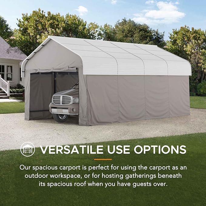 SUNJOY Carport 12 x 20 ft. Hardtop Gazebo with Fabric Enclosure & Sidewalls, Heavy Duty Garage with Powder-Coated Steel/Aluminum Roof and Frame, Gambrel Roof Carport for Car, Boat and Trailer