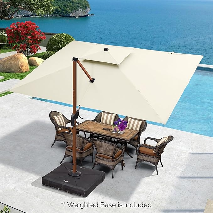 PURPLE LEAF 9' X 12' Double Top Deluxe Wood Pattern Rectangle Patio Umbrella with Base Offset Hanging Umbrella Outdoor Market Umbrella Garden Umbrella, Cream