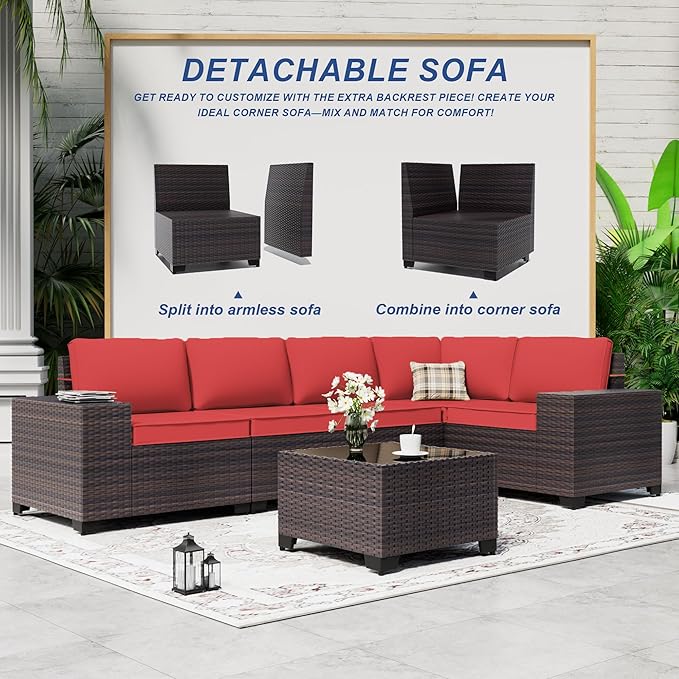Outdoor Patio Furniture Set with Gas Fire Pit Table, 13 Pieces Outdoor Furniture Set Patio Sectional Sofa w/43in Propane Fire Pit, PE Wicker Rattan Patio Conversation Sets - Red