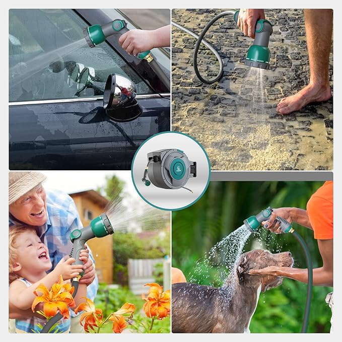 130 ft x 1/2" Retractable Garden Hose Reel, Heavy Duty Water Hose Reel Wall Mounted, Any Length Lock, 180°Swivel, Water Hose with 10-Function Nozzle for Cleaning, Watering (Green)