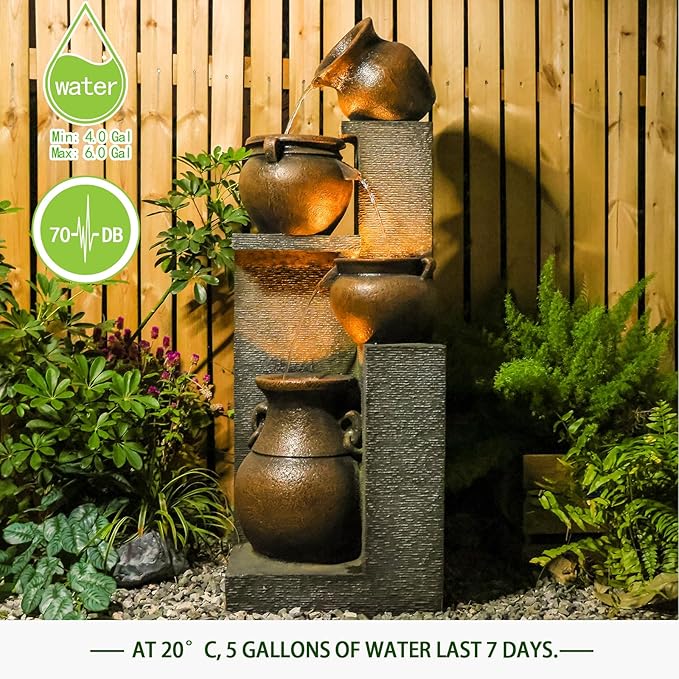 Bumilgar 53" H Large Outdoor Water Fountain with Lights - 4 Tiered Cascading Bowls Waterfall Fountain for Garden, Patio, Backyard, Porch Inside - Freestanding Outdoor Water Feature Gold