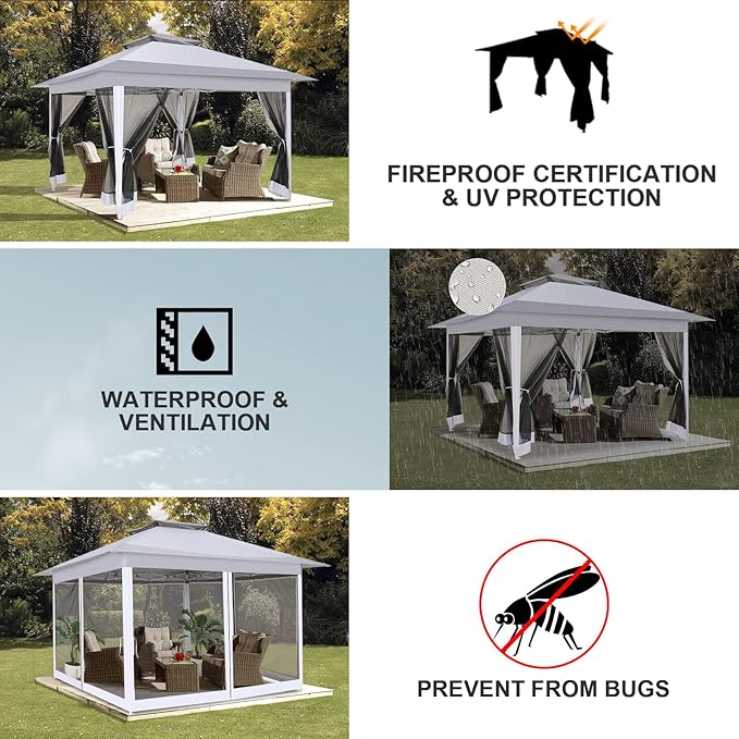 COBIZI 12x12 Pop up Gazebo on Clearance with Mosquito Netting,Waterproof Roof & Sandbags,Outdoor Canopy Tent with 4 Ropes,8 Stakes&Carrying Bag,Portable Patio Gazebo for Garden,Backyard&Lawn,Darkgrey