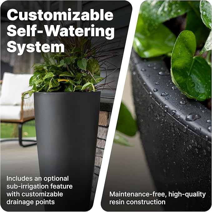 Step2 Tremont Tall Round Tapered Planter, Large Planters for Outdoor Plants, Gardening and Flower Pot for Patio or Porch, Efficient Drainage, Durable Plastic, Onyx Black, 2-Pack