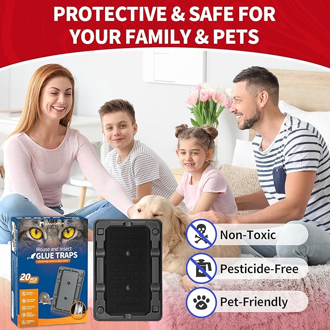 LULUCATCH Mouse Traps, 20 Pack Sticky Mouse Traps Indoor for Home, Pre-Baited Non-Toxic Bulk Glue Traps for Rats, Mice, Mole, Lizards, Pet Safe Pest Control for Home & Garage