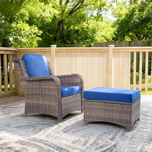 2 Pcs High Back Wicker Patio Chair Set with Ottoman, Outdoor Porch Chair with Thick Cushion for Balcony Deck Yard and Porch, Blue