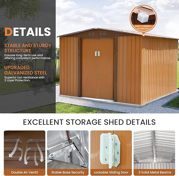 8x8 FT Outdoor Storage Shed Metal Garden Shed Updated Frame Structure with Lockable Sliding Door, Steel Anti-Corrosion Outside Sheds Waterproof for Backyard, Pool, Patio, Coffee