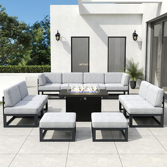11 Pieces Aluminum Patio Furniture Set with Propane Gas 44" Fire Pit Table, Metal Outdoor Conversation Sofa Set with Seating Cushions