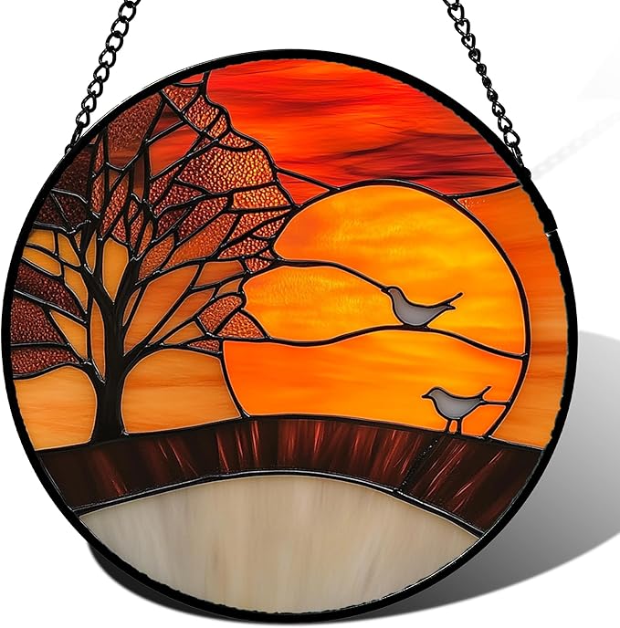 QZQCBLC Stained Glass Window Hanging Orange Sunset Landscape 6.3" - Maple Suncatcher Door Garden Sun Catcher Home Decor Birthday Christmas for Mom Men Woman Wife Friend