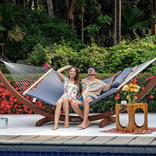 Lazy Daze Hammocks 12 FT Double Quilted Fabric Hammock with Spreader Bar and Detachable Pillow, 2 Person Double for Outside Patio Poolside Backyard Beach, 450lbs Capacity, Gray