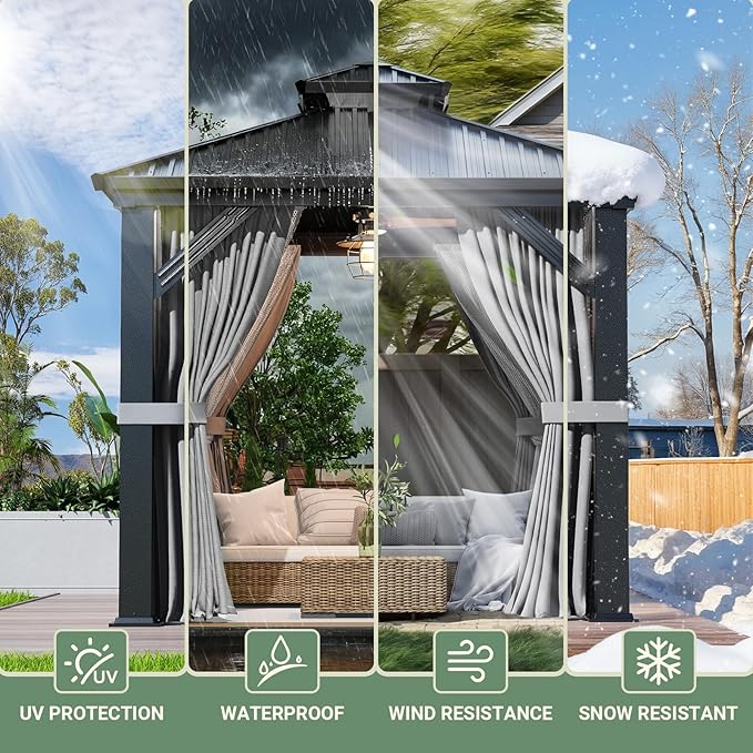 Besteagle 8’ x 8’ Hardtop Gazebo, Heavy Duty Aluminum Frame Outdoor Gazebo with Double Galvanized Steel Roof, Curtains & Netting Included, All-Weather Metal Gazebo for Patio, Lawn, Backyard