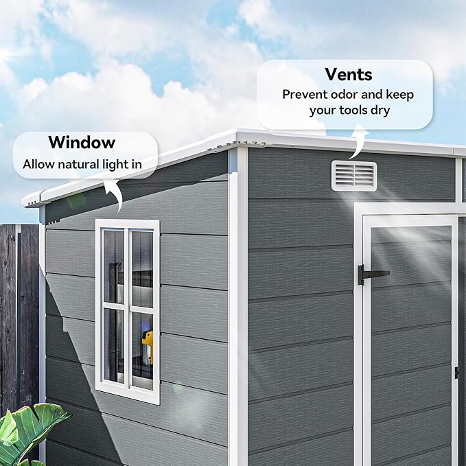 Outsunny 8' x 4' Outdoor Storage Shed, Plastic Shed with Vent, Window and Double Lockable Doors, Utility Resin Shed for Patio, Backyard, Lawn, Garage, Gray