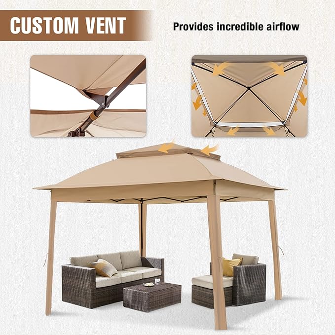INTER HUT 11x11 Outdoor Pop up Gazebo Tent with Mesh Walls for Patio, Lawn, Backyard and Deck, Khaki