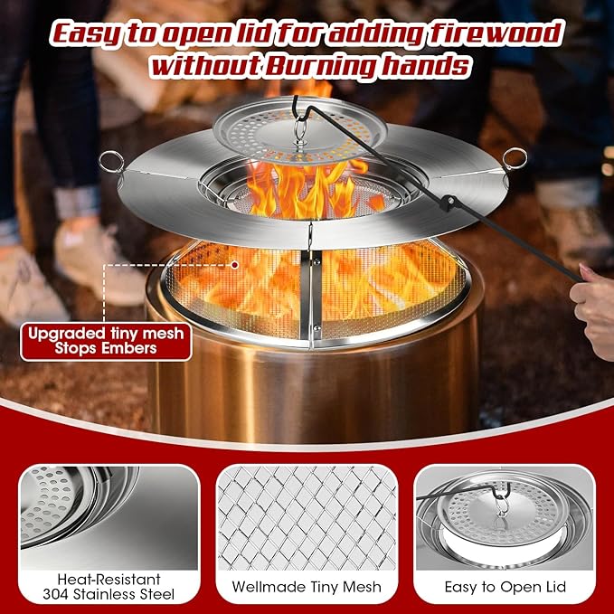 Heat Deflector for Solo Stove Bonfire 19.5",Fire Pit Heat Deflector with Mesh Spark Screen&2 Pokers,304 Stainless Steel 2 in 1 Heat Diffuser for Solo Stove Bonfire Accessories Camping Capture Warmth
