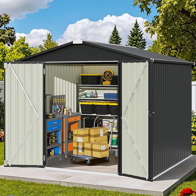 Patiowell 8x8 FT Outdoor Storage Shed, Heavy Duty Tool Storage Sheds with Lockable Doors and Updated Frame Structure for Backyard Patio Lawn, Black