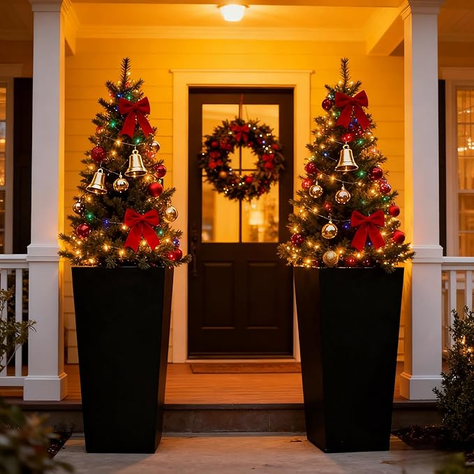 GreenShip 27" Tall Planters, Set of 2 – Black Outdoor Planter for Front Porch & Tall Plants, Weather-Resistant, with Drainage Hole & Rubber Plug (No Plants Included) (Black-2pcs)