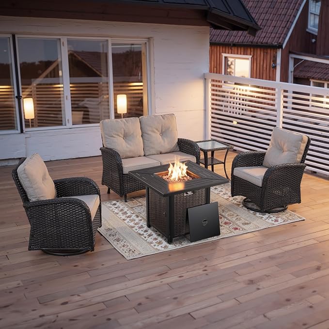 Belord 5 Piece Outdoor Patio Furniture Set with 50000 BTU Propane Fire Pit Table, Deep Seating Wicker Swivel Rocker Chairs and Loveseat Glider Patio Conversation Set for Poolside Deck Backyard Black