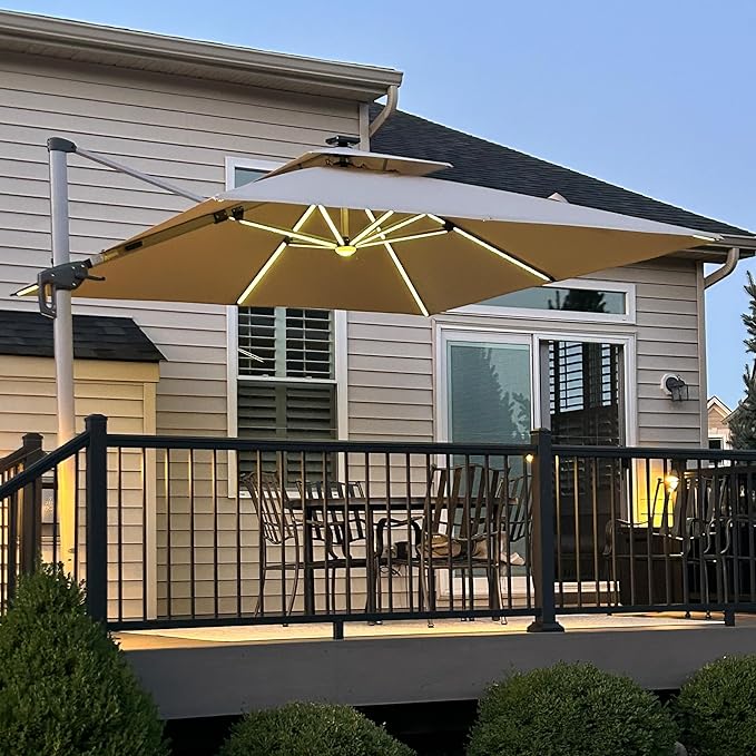 PURPLE LEAF 11 Feet Double Top Deluxe Solar Powered LED Square Patio Umbrella Offset Hanging Umbrella Outdoor Market Umbrella Garden Umbrella, Beige